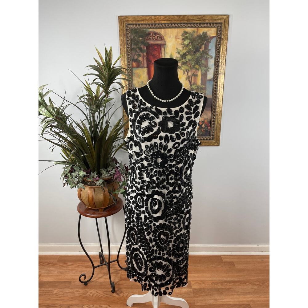 Pisarro Night Bodycon Dress Women's Size 12 Black Beige Cocktail Maximalist